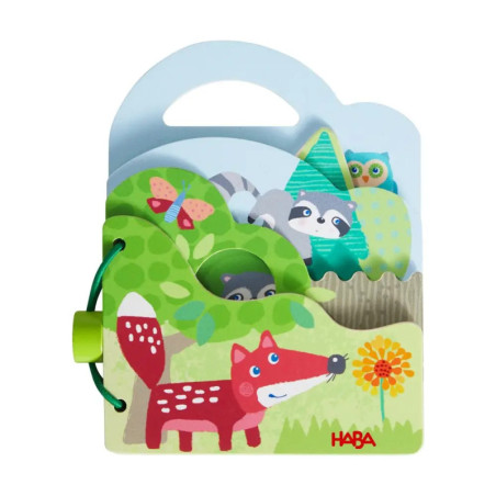 Farbenfrohes HABA-Babybuch mit Fuchs, Waschbär, Eule und Naturmotiven auf dem Cover.