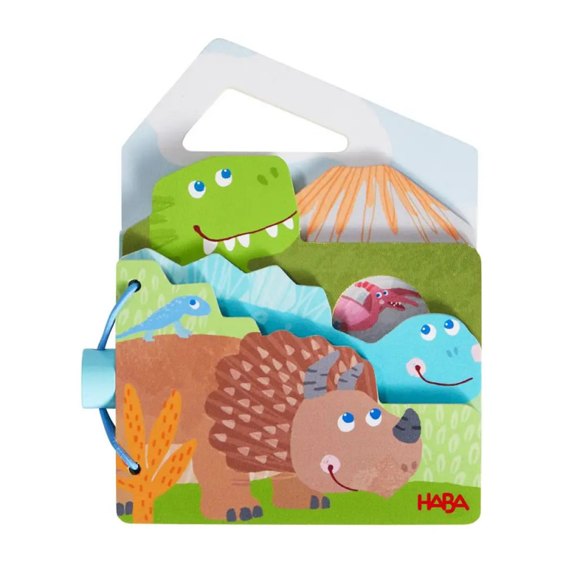 Farbig illustriertes Dinosaurier-Bilderbuch mit Griff, lächelnden Dinos und Vulkanen. Farbig illustriertes Dinosaurier-Bilderbuch mit Griff, lächelnden Dinos und Vulkanen.
