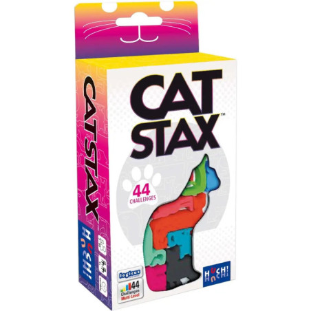 Schachtel des Spiels Cat Stax mit bunten Katzenfiguren und dem Hinweis 44 Challenges auf der Vorderseite. Schachtel des Spiels Cat Stax mit bunten Katzenfiguren und dem Hinweis 44 Challenges auf der Vorderseite.