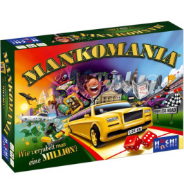 Spieleschachtel Mankomania mit gelber Limousine, Stadtansicht, Würfeln und deutschem Text auf der Vorderseite.