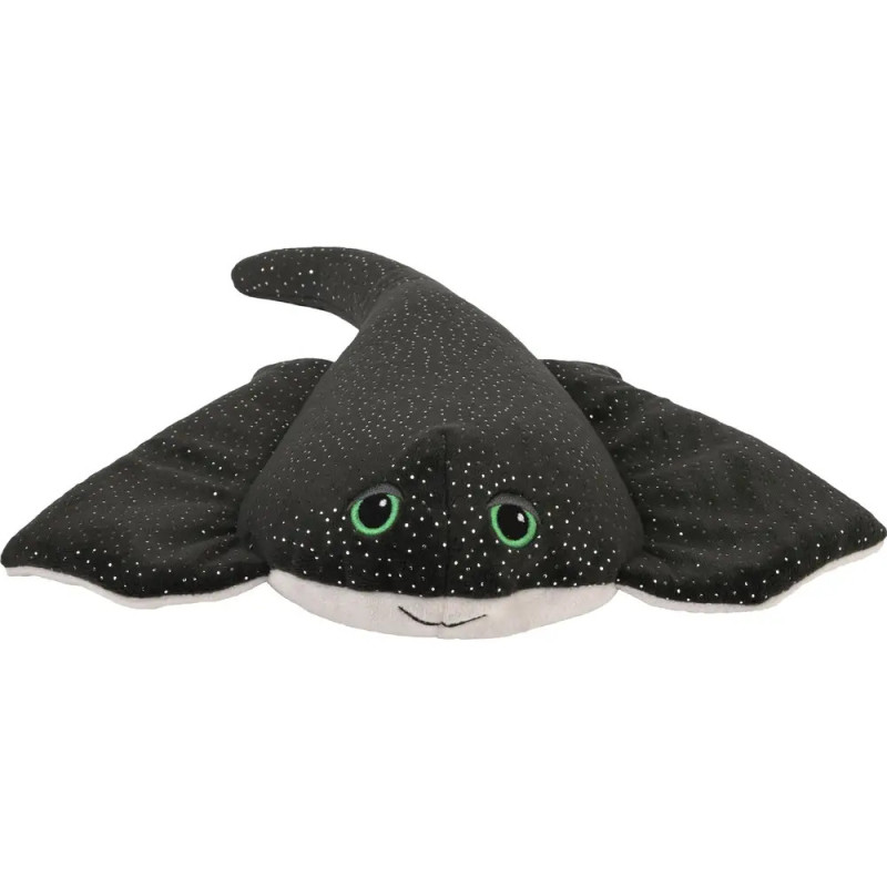Schwarzes Plüsch-Stingray mit grünen Augen, weißen Flecken und lächelndem Gesicht.