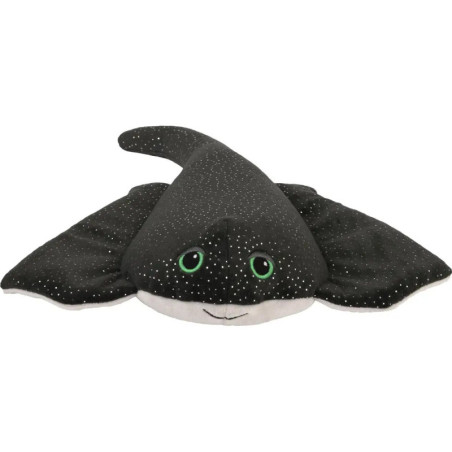 Schwarzes Plüsch-Stingray mit grünen Augen, weißen Flecken und lächelndem Gesicht.