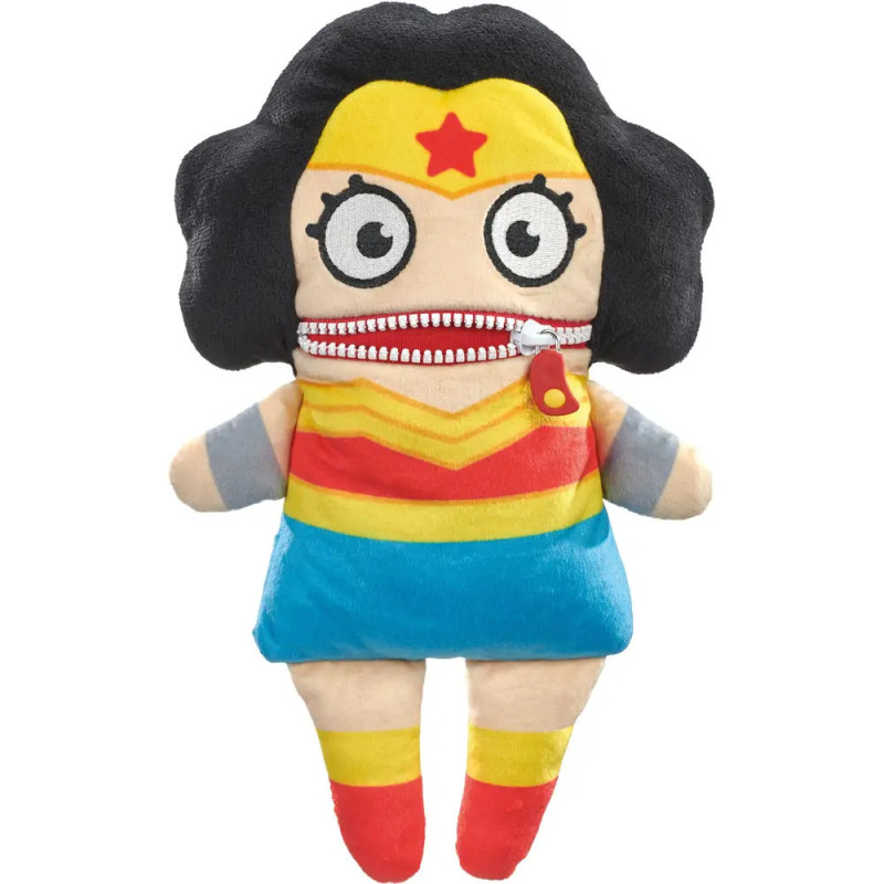 Plüschpuppe im Wonder-Woman-Kostüm mit großen Augen und Reißverschluss-Mund.
