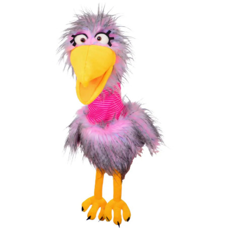 Bunter Handpuppenvogel mit grauen und pinken Federn, gelbem Schnabel und orangefarbenen Beinen, steht aufrecht.