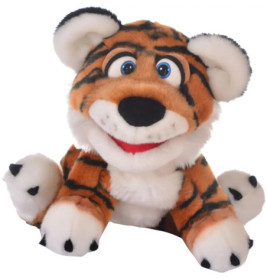 Ein Plüschtiger mit großen blauen Augen, breitem Lächeln und schwarzen Streifen sitzt nach vorne gerichtet.