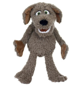 Ein Plüschhund mit zottelig grauem Fell, großen grünen Augen und schlaffen braunen Ohren sowie Pfoten.