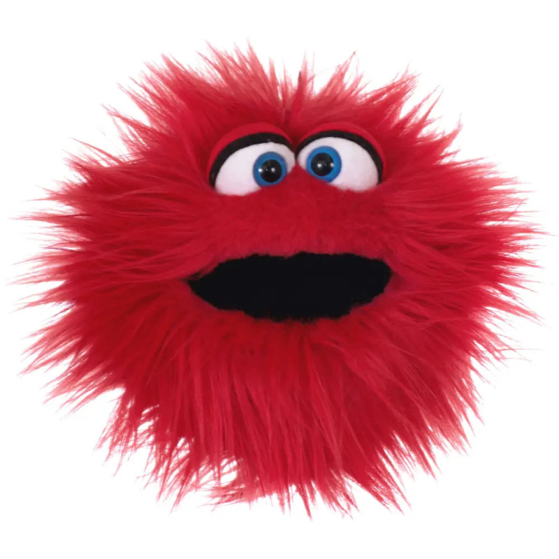 Kopf einer roten Plüschpuppe mit großen Augen und offenem Mund, erinnert an ein freundliches Monster.
