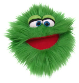 Ein grünes, zotteliges Puppengesicht mit großen Augen, buschigen Brauen und rotem Mund auf weißem Hintergrund.