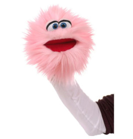 Handpuppe mit flauschigem pinken Fell, großen blauen Augen und weit geöffnetem roten Mund.