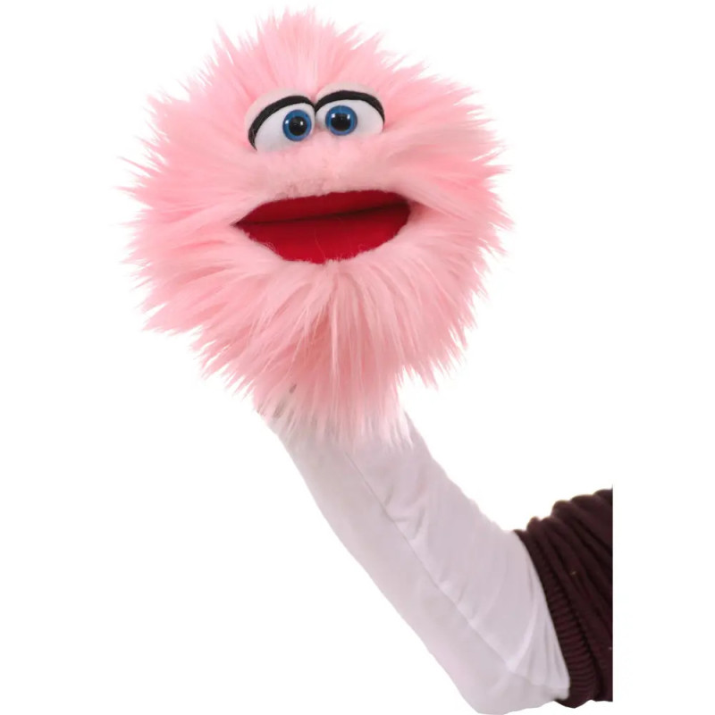 Handpuppe mit flauschigem pinken Fell, großen blauen Augen und weit geöffnetem roten Mund.