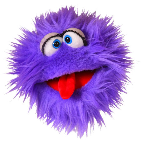 Eine flauschige lila Puppe mit blauen Augen und herausgestreckter roter Zunge vor weißem Hintergrund.