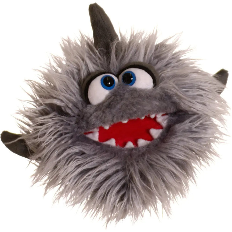 Rundes, flauschiges graues Monstertier mit großen blauen Augen, drei Hörnern und offenem Mund mit spitzen Zähnen. Rundes, flauschiges graues Monstertier mit großen blauen Augen, drei Hörnern und offenem Mund mit spitzen Zähnen.