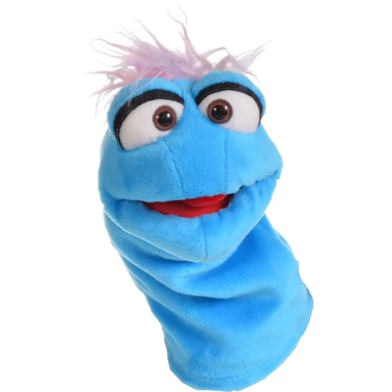 Blaue, flauschige Handpuppe mit großen Augen, helllila Haaren und breitem, rotem, lachendem Mund.