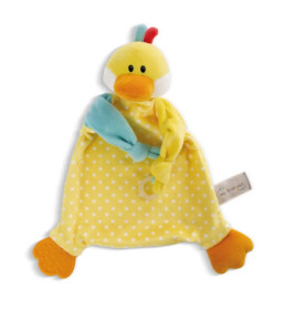 Gelbes Plüsch-Entchen mit gepunktetem Körper, orangefarbenem Schnabel und Füßen, sowie blauem Arm vor weißem Hintergrund.