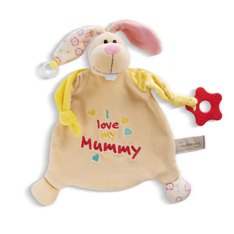 Plüschhase mit I love my Mummy-Schrift, bunten Ohren und rotem Beißring an einer Pfote. Plüschhase mit I love my Mummy-Schrift, bunten Ohren und rotem Beißring an einer Pfote.