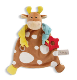 Plüsch-Giraffen-Schmusetuch mit gelben Flecken, blau-gelben Knoten und rotem Stern-Beißring.