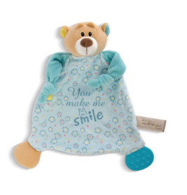 Plüsch-Bär-Schmusetuch mit blauen Armen, Decke mit You make me smile und strukturiertem Beißfuß.