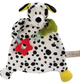 Dalmatiner-Stoffhund für Babys mit schwarzen Flecken, gelben Akzenten und rotem Stern-Beißring.