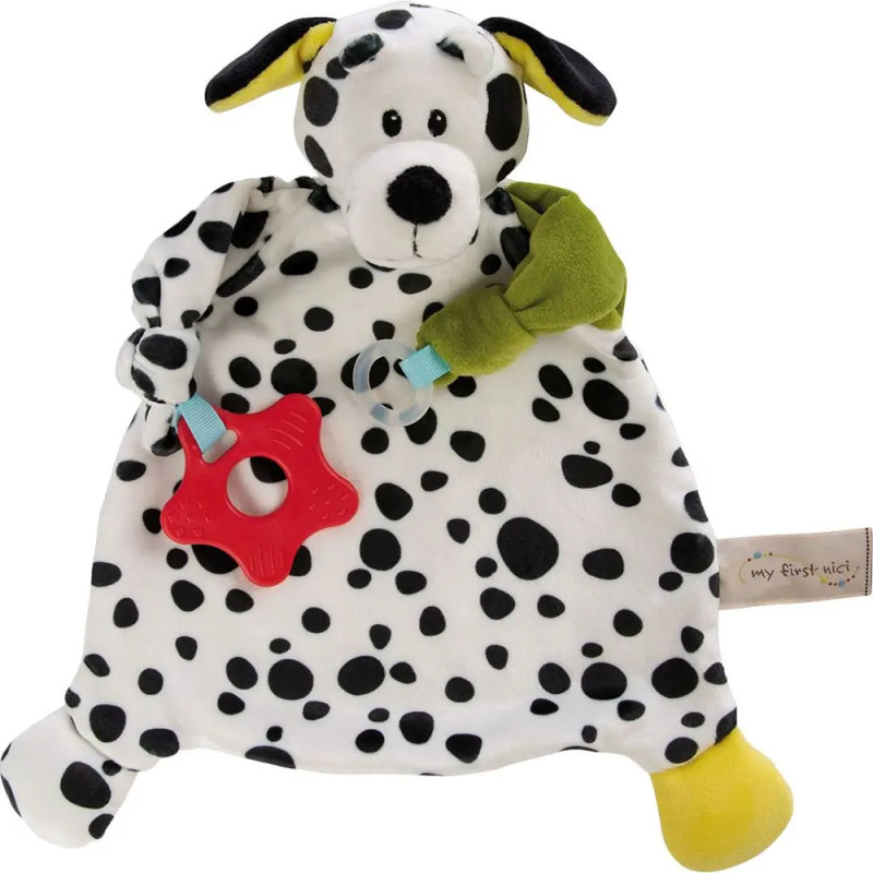 Dalmatiner-Stoffhund für Babys mit schwarzen Flecken, gelben Akzenten und rotem Stern-Beißring. Dalmatiner-Stoffhund für Babys mit schwarzen Flecken, gelben Akzenten und rotem Stern-Beißring.