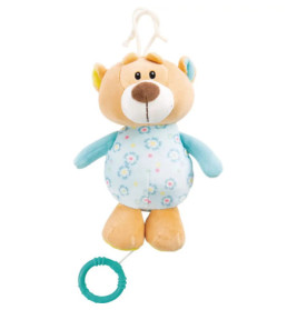 Plüsch-Teddybär mit blau geblümtem Körper, blauen Armen und grünem Ziehring am unteren Ende.