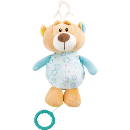 Plüsch-Teddybär mit blau geblümtem Körper, blauen Armen und grünem Ziehring am unteren Ende.
