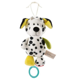 Plüsch-Dalmatiner mit schwarzen Flecken, gelben Ohren und blauem Beißring am unteren Ende.