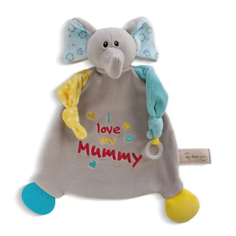 Plüsch-Elefantenschnuffeltuch mit I love my Mummy-Schriftzug, bunten Ohren und unterschiedlich gestalteten Gliedmaßen.