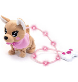 Plüschtierhund mit leuchtender rosa Leine, verbunden mit einer weiß-rosafarbenen Fernbedienung.