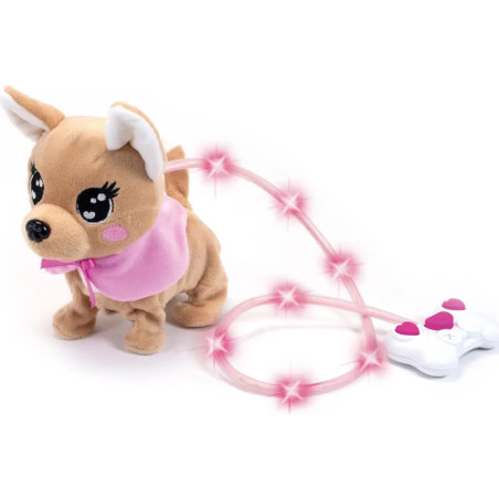 Plüschtierhund mit leuchtender rosa Leine, verbunden mit einer weiß-rosafarbenen Fernbedienung.