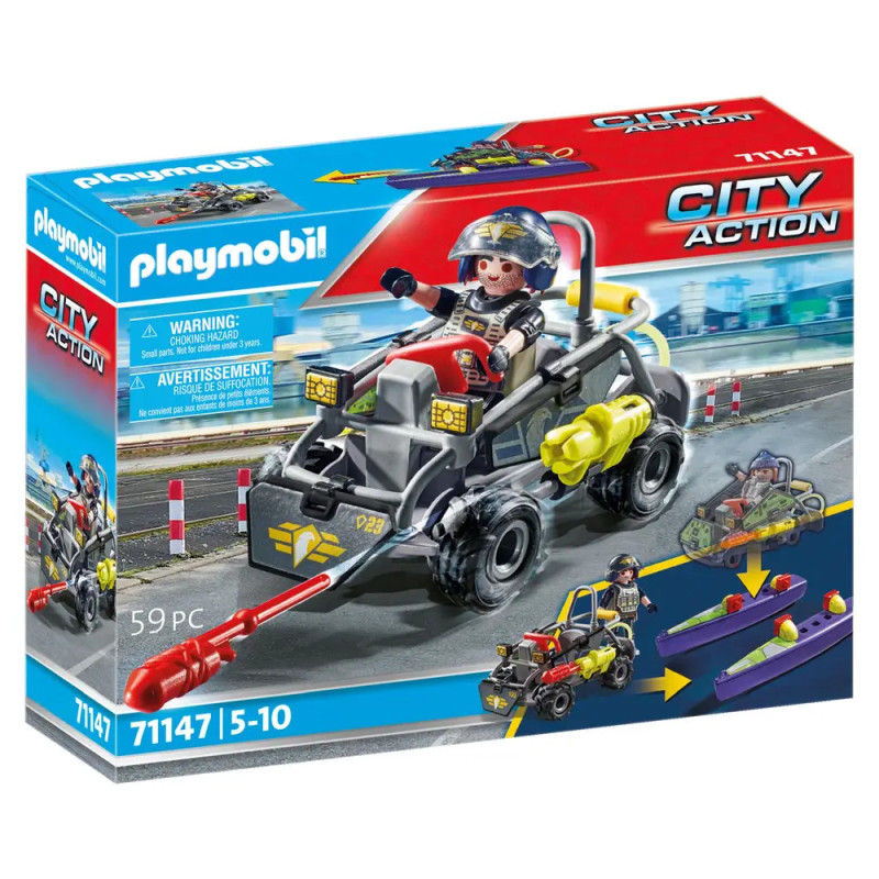 Playmobil City Action Set: Feuerwehrmann mit Rettungsfahrzeug und Zubehör auf der Verpackung abgebildet.