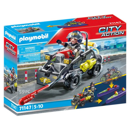 Playmobil City Action Set: Feuerwehrmann mit Rettungsfahrzeug und Zubehör auf der Verpackung abgebildet.