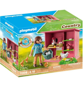 Playmobil Country-Set mit Spielfigur, Hühnern, Küken und pinkem Hühnerstall auf der Verpackung.