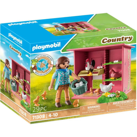 Playmobil Country-Set mit Spielfigur, Hühnern, Küken und pinkem Hühnerstall auf der Verpackung.