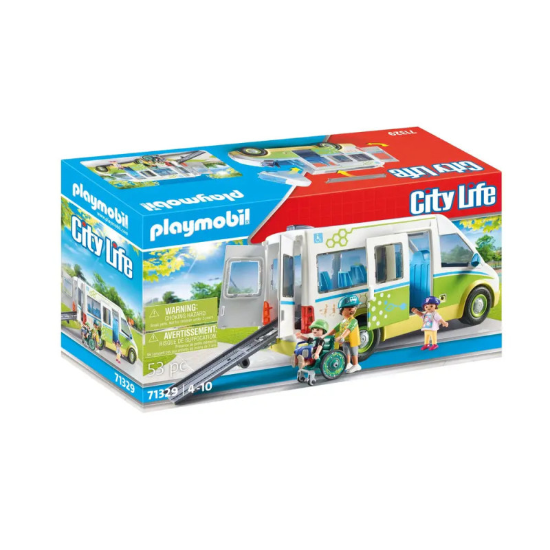 Playmobil City Life Set mit rollstuhlgerechtem Van und mehreren Spielfiguren auf der Verpackung. Playmobil City Life Set mit rollstuhlgerechtem Van und mehreren Spielfiguren auf der Verpackung.