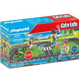 Playmobil City Life-Set: Box mit Kindern auf Fahrrädern, Straßenschildern und Straßen, 34 Teile, ab 4 Jahren.