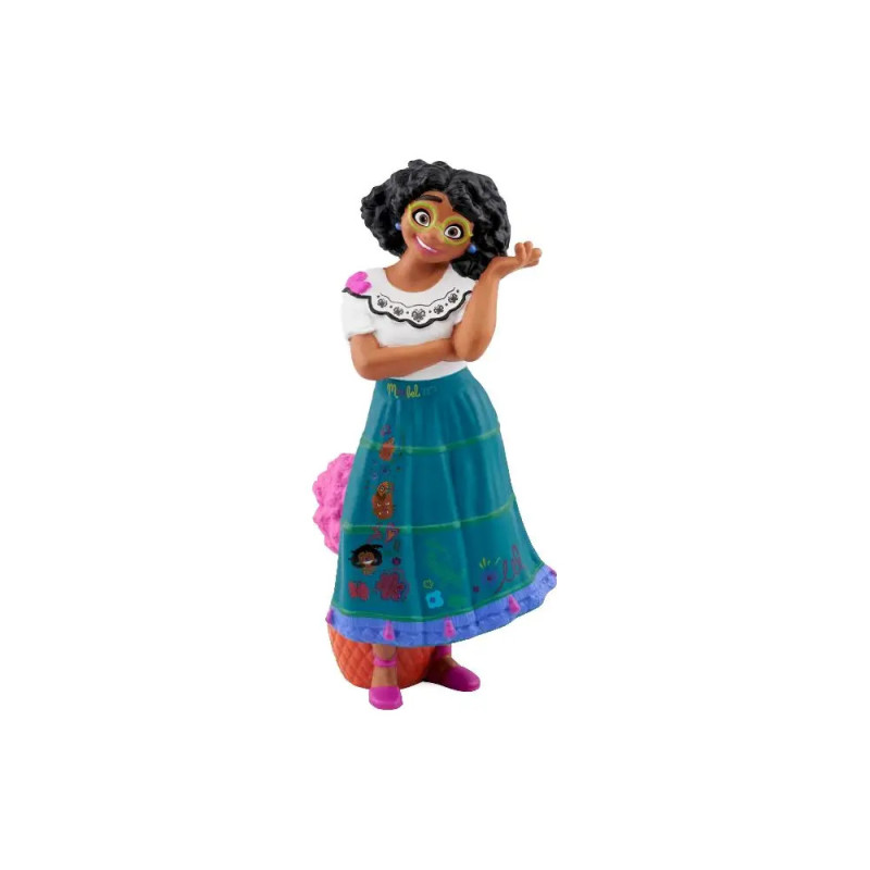 Bunte Figur einer lächelnden Frau mit Brille, Locken und verziertem türkisen Rock, stehend und winkend. Bunte Figur einer lächelnden Frau mit Brille, Locken und verziertem türkisen Rock, stehend und winkend.