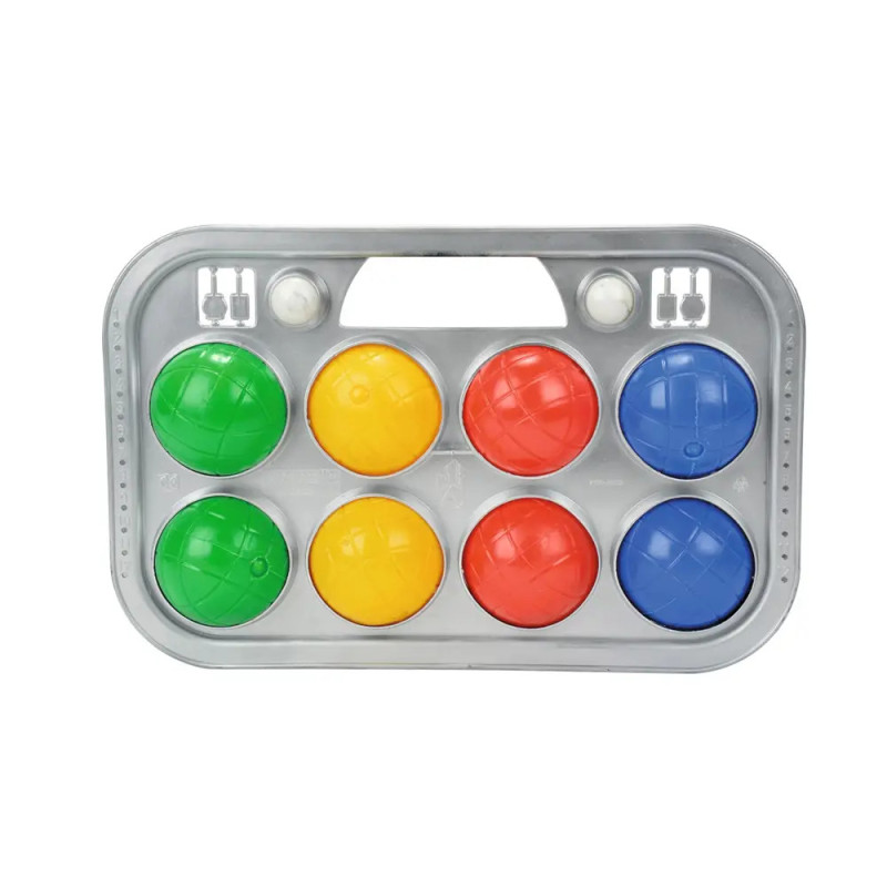 Ein Tablett mit acht bunten Kunststoffbällen: je zwei in Grün, Gelb, Rot und Blau.