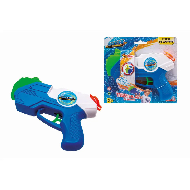 Blaue und weiße Wasserpistole mit Verpackung, darauf ein Kind beim Spielen im Freien abgebildet.