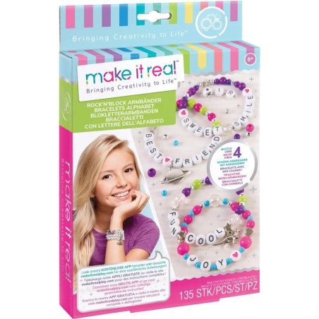 Make It Real Armband-Set mit bunten Perlen, Armbändern und einem lächelnden Mädchen auf der Verpackung.