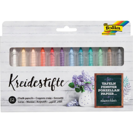 Box mit 12 bunten Kreidestiften, geeignet für Tafel, Fenster und Porzellan.