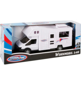 Weißes Wohnmobil-Spielzeug im Speedzone Wohnmobil 1:48 Karton mit blauen und roten Akzenten.