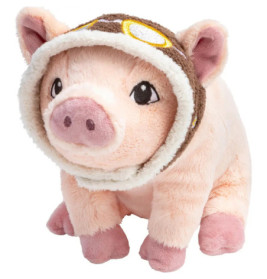 Plüschschwein mit brauner Fliegerkappe, weißem Besatz und gelben Kreisen.