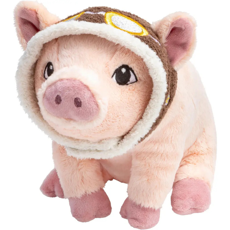 Plüschschwein mit brauner Fliegerkappe, weißem Besatz und gelben Kreisen.