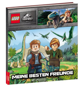 LEGO Jurassic World Buchcover mit zwei LEGO-Figuren, Dinosauriern und dem Titel MEINE BESTEN FREUNDE.