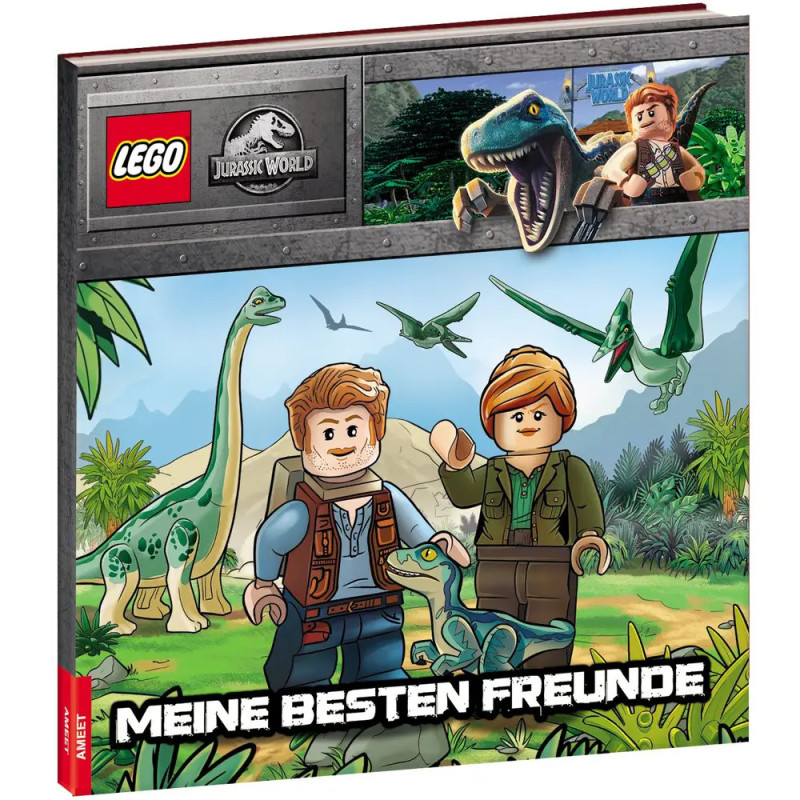 LEGO Jurassic World Buchcover mit zwei LEGO-Figuren, Dinosauriern und dem Titel MEINE BESTEN FREUNDE.