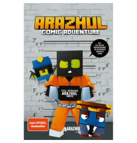 Ein eckiger Cartoon-Charakter in orangefarbener Gefängniskleidung steht vor einer Mugshot-Wand mit zwei weiteren Figuren.