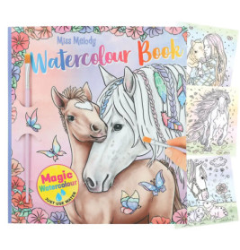 Buntes Aquarell-Buchcover mit Pferden, Schmetterlingen und Blumen, daneben drei bemalte Seiten.