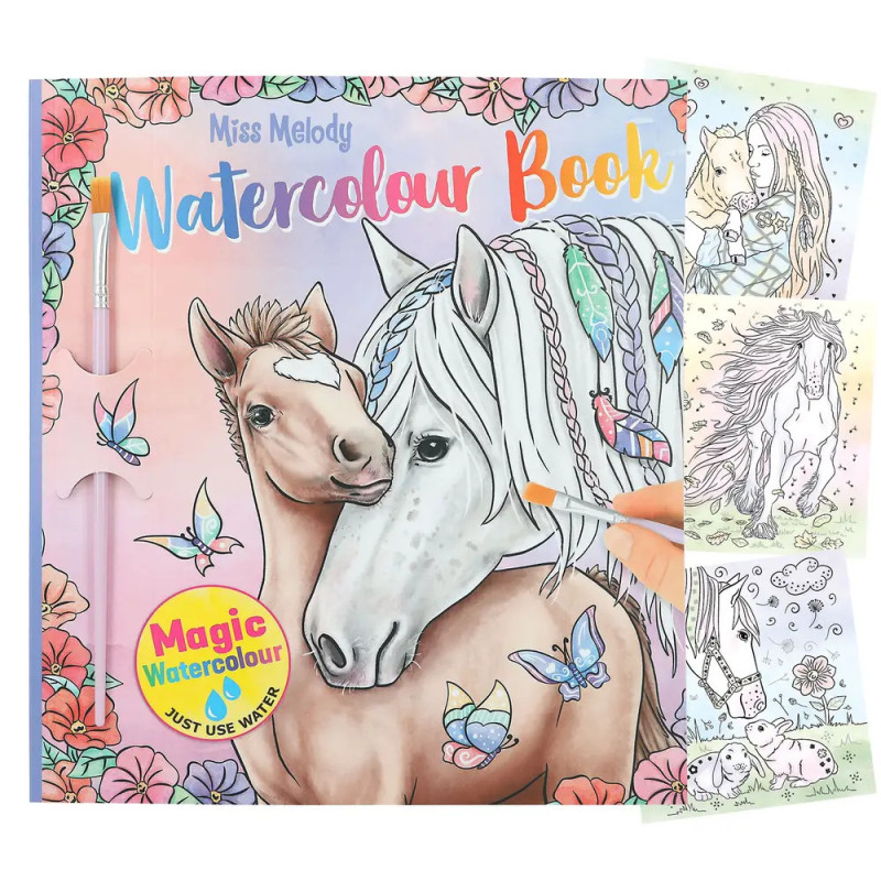 Buntes Aquarell-Buchcover mit Pferden, Schmetterlingen und Blumen, daneben drei bemalte Seiten.