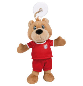 Plüschbär mit rotem Outfit, Saugnapf am Kopf und ausgestreckten Armen.