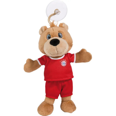 Plüschbär mit rotem Outfit, Saugnapf am Kopf und ausgestreckten Armen. Plüschbär mit rotem Outfit, Saugnapf am Kopf und ausgestreckten Armen.